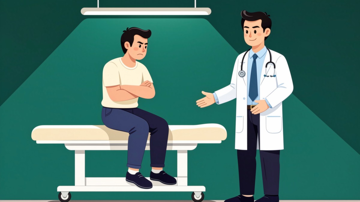 Pasien menolak diperiksa dan menoleh menjauh, sementara dokter menawarkan pemeriksaan. Ilustrasi digital HIFDI.