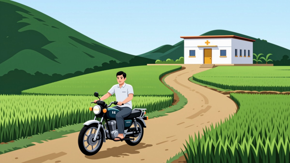 Ilustrasi digital HIFDI: warga menempuh jalan jauh menuju klinik pratama di daerah.