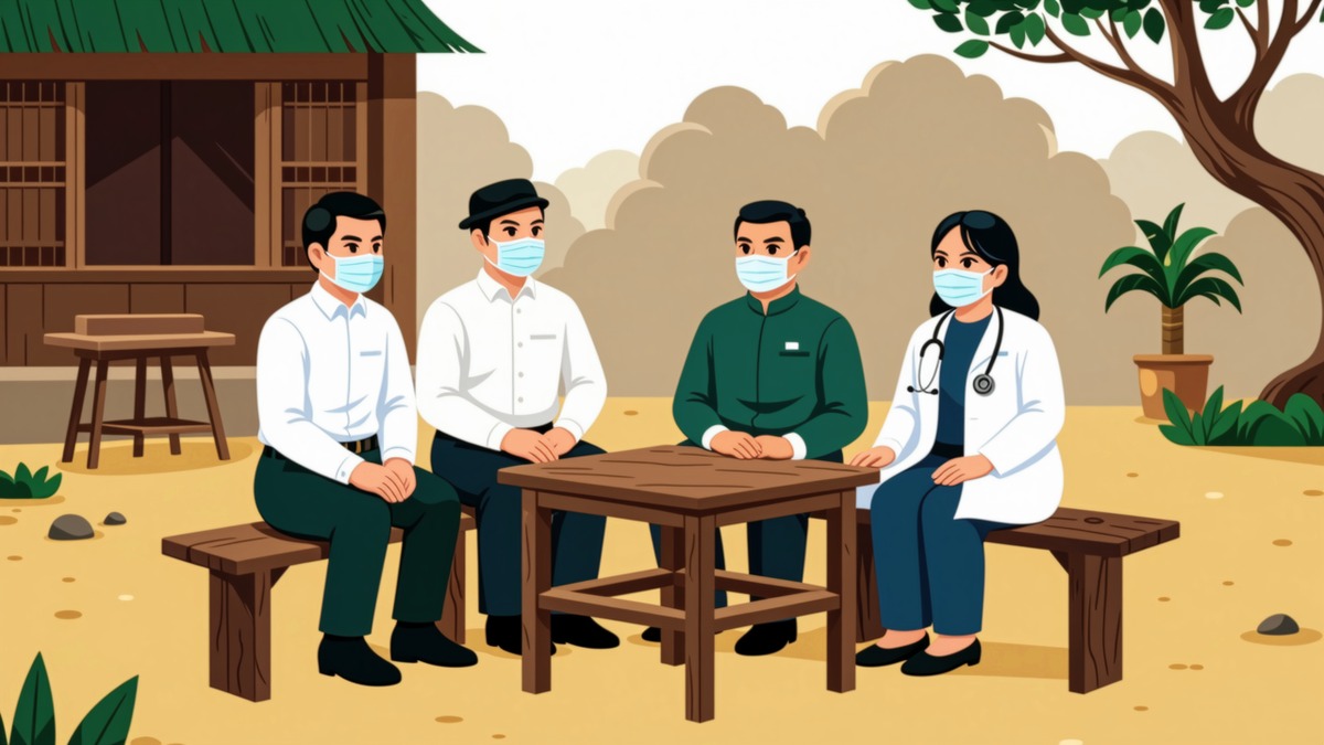 Ilustrasi digital HIFDI: rapat warga dan tenaga kesehatan di meja kayu sederhana di tengah kampung yang dilanda kabut asap.