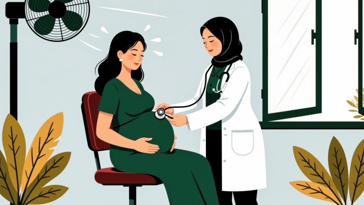 Ilustrasi digital HIFDI: bidan memeriksa ibu hamil di klinik pratama saat cuaca panas ekstrem.