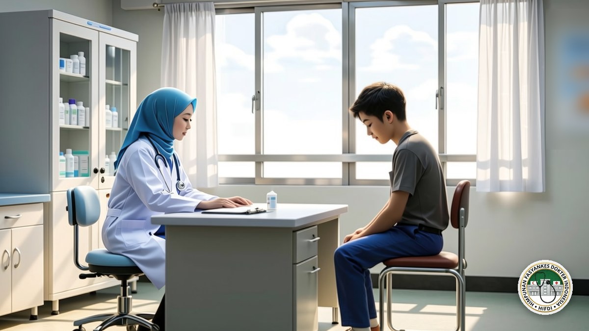 Ilustrasi digital HIFDI: dokter di klinik pratama berbincang dengan pasien pemuda yang tampak lelah.