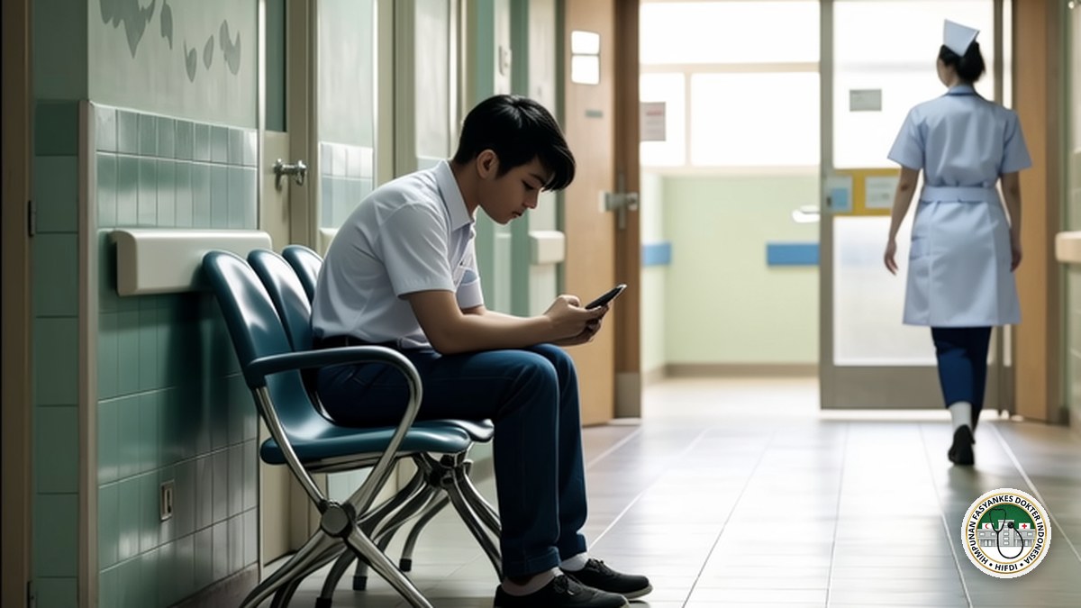 Ilustrasi digital HIFDI: seorang pemuda duduk sendiri di ruang tunggu klinik pratama sambil menunduk memegang ponsel.